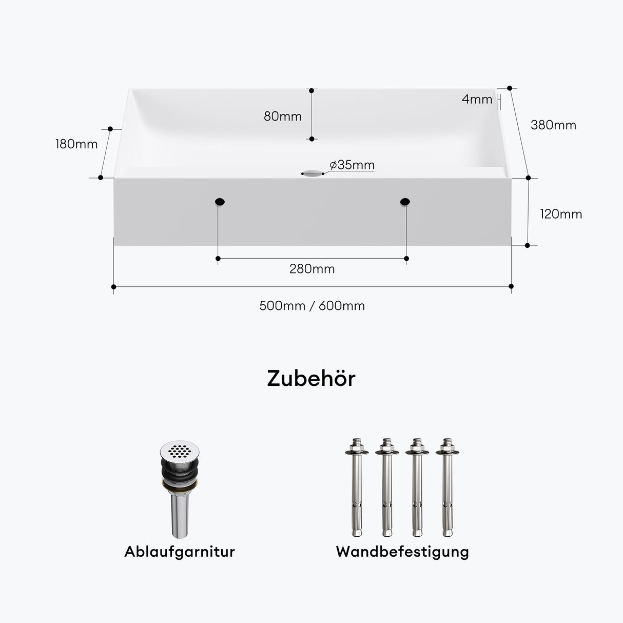 Lavabo Glasvilla, lavabo à poser, lavabo suspendu, en fonte minérale, rectangulaire, meuble-lavabo Col630
