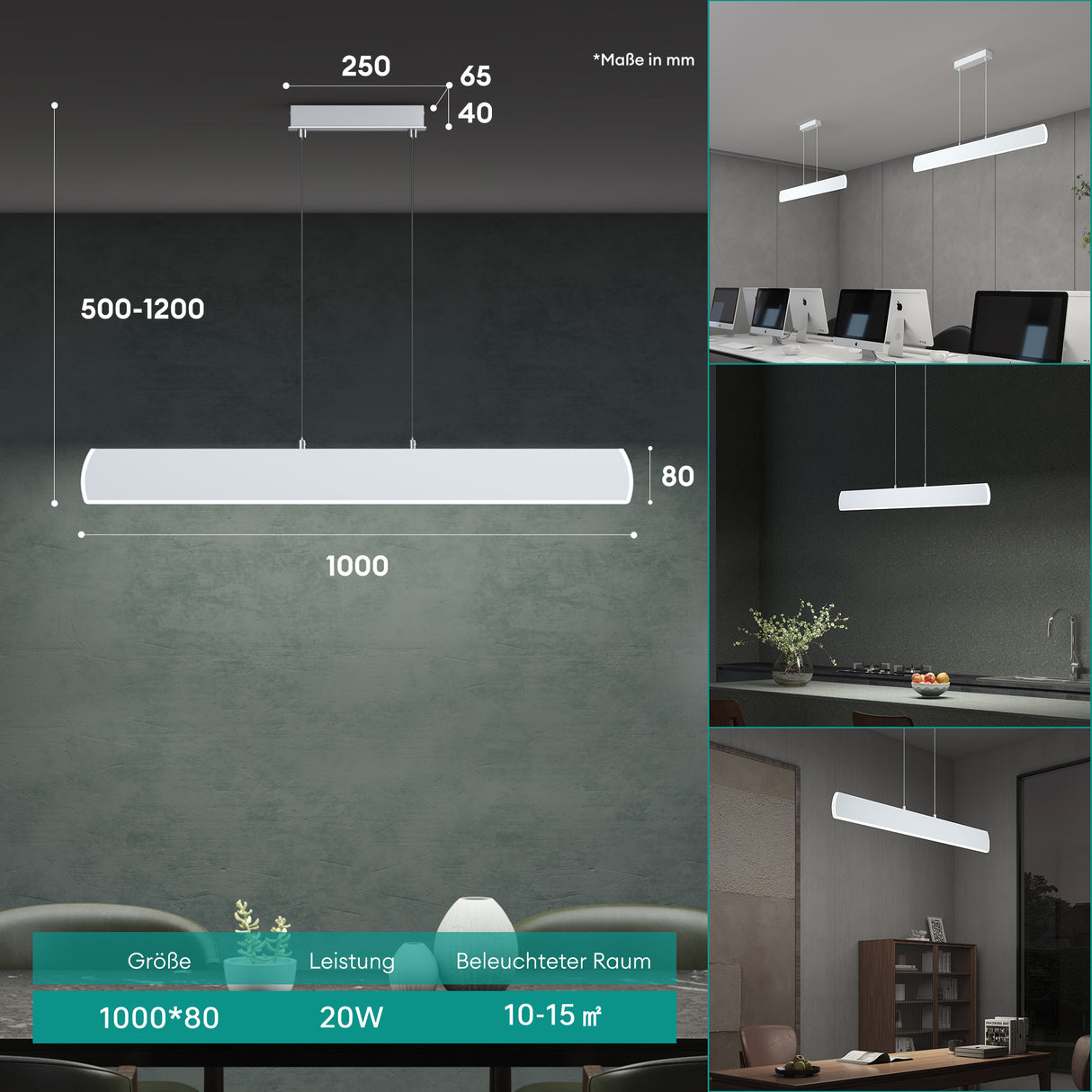 Suspension Glasvilla 100 cm, lampe LED dimmable avec télécommande, température de couleur 3000K/4000K/6000K, câble ajustable, 20 W, idéale pour salle à manger, salon ou chambre.