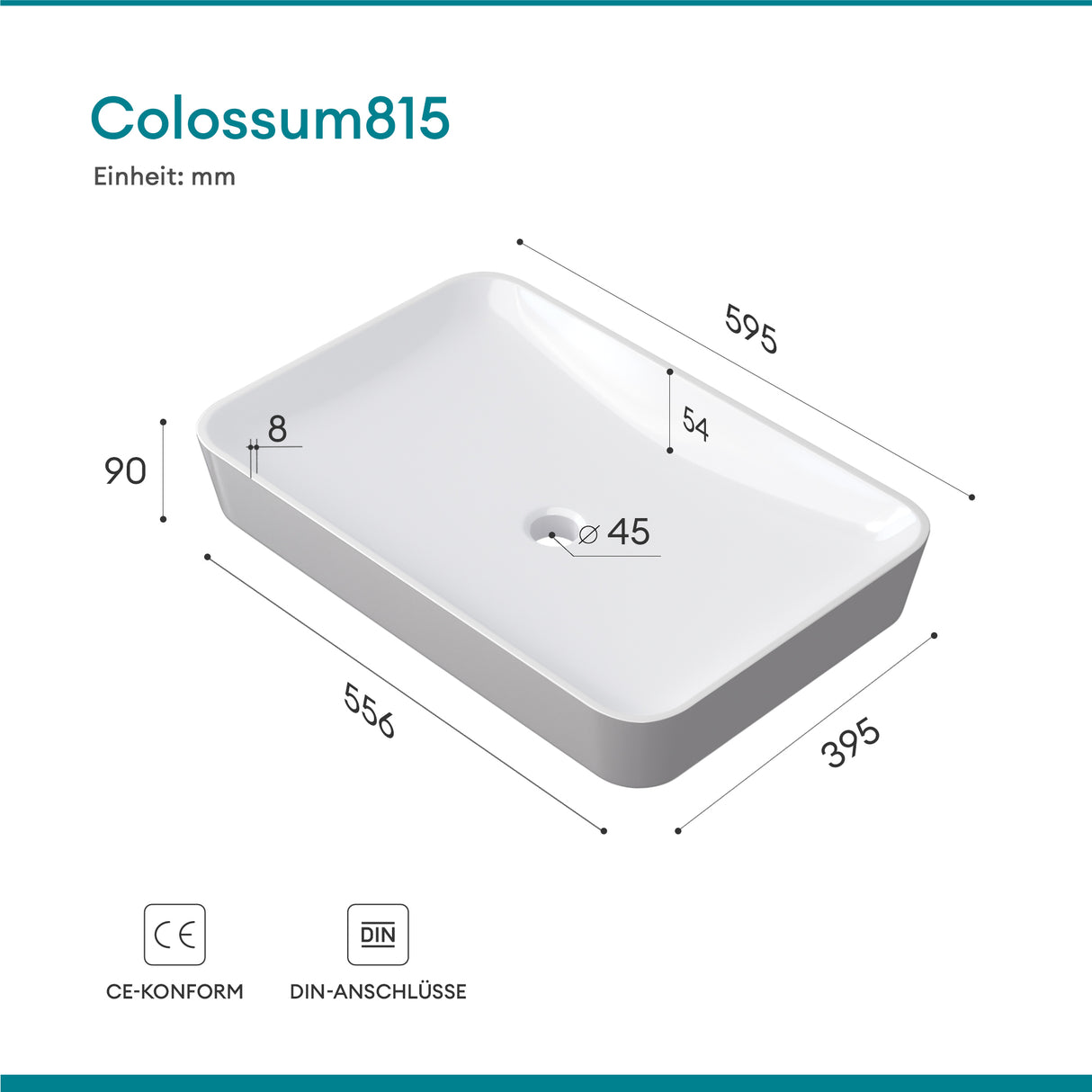 Vasque Glasvilla, vasque à poser en matériau minéral moulé, meuble-lavabo avec raccords DIN standard Col815