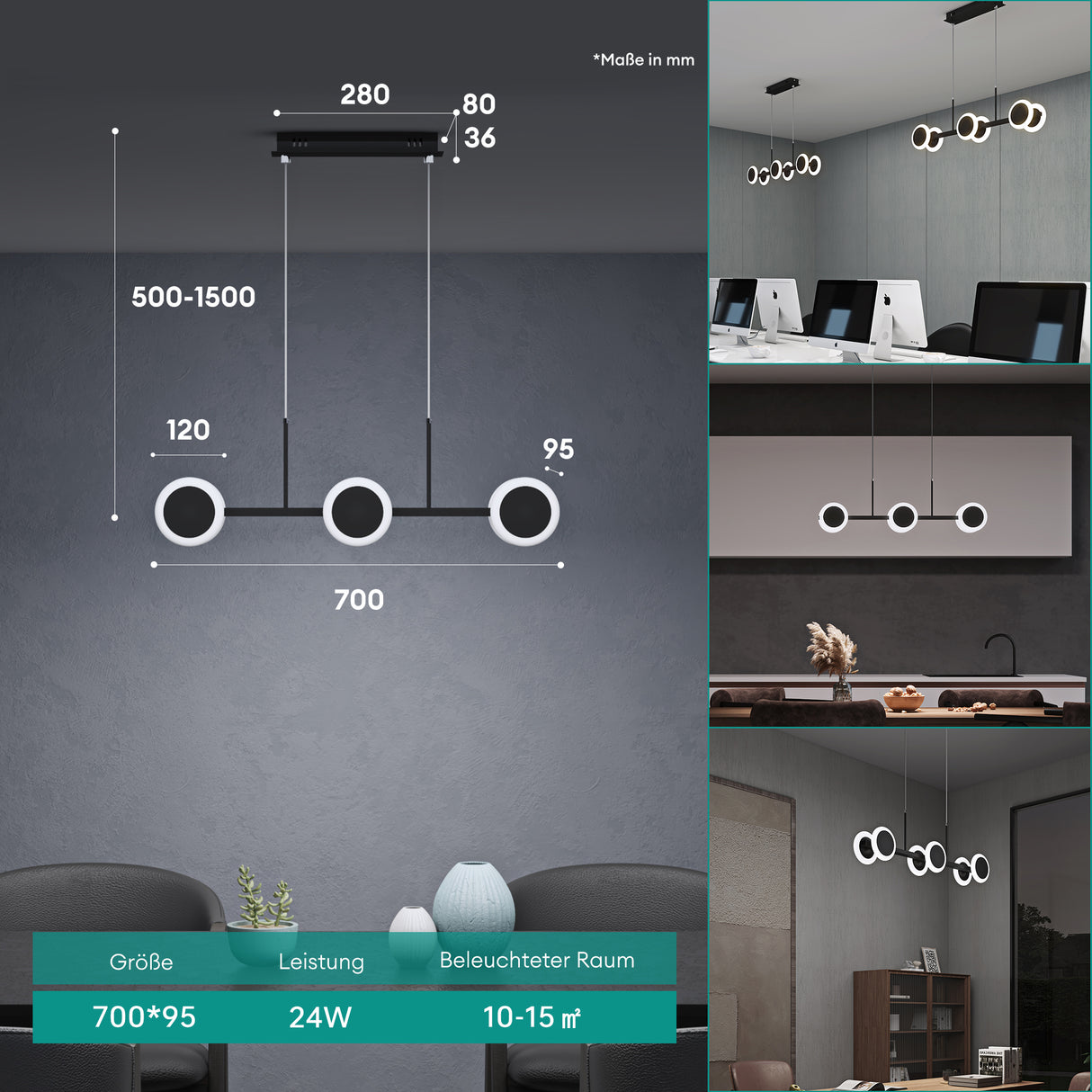 Suspension Glasvilla LED à intensité variable avec télécommande et câble réglable pour salle à manger, salon, chambre à coucher