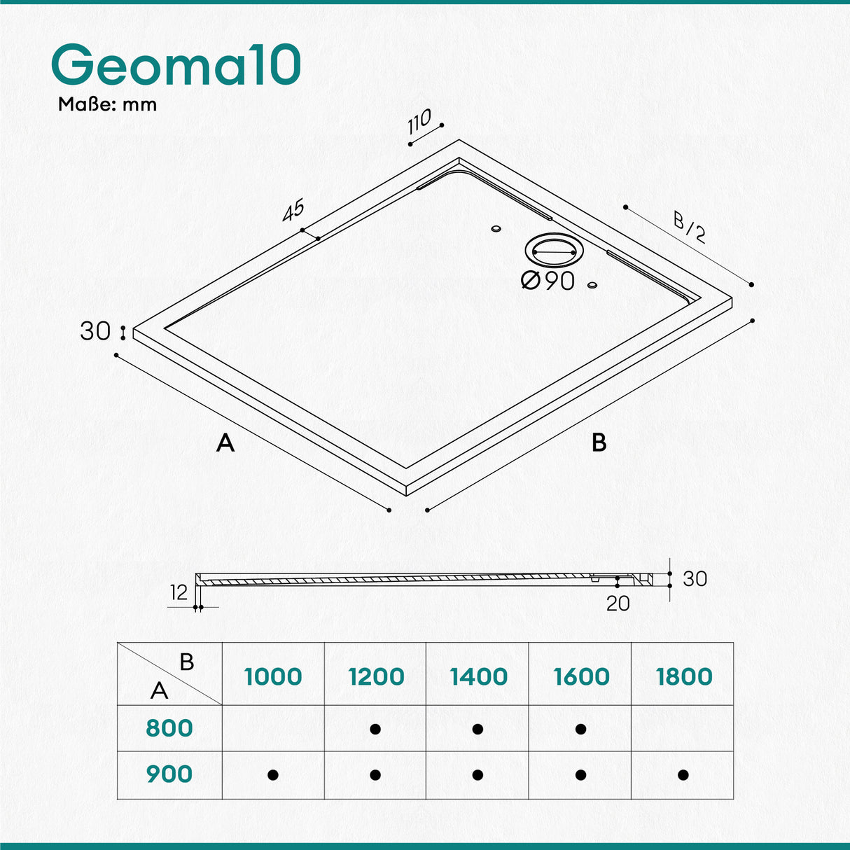 Receveur de douche Glasvilla en matériau minéral moulé, raccords DIN Geoma10
