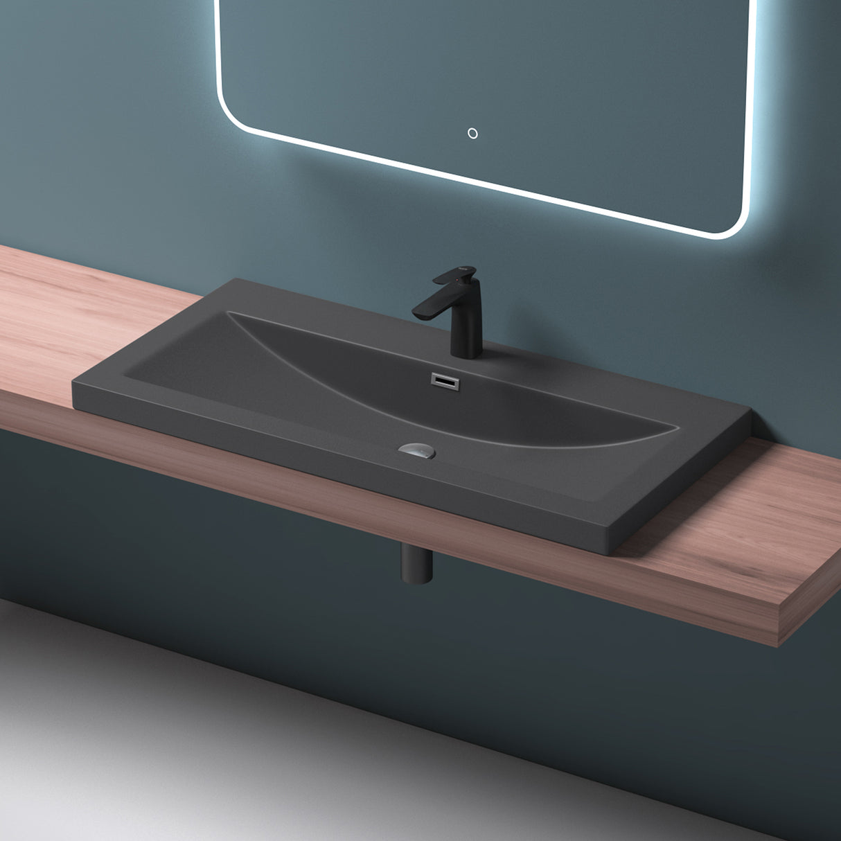 Lavabo Glasvilla, vasque encastrée, meuble-lavabo, en fonte minérale, rectangulaire, 1 trou de robinetterie, avec trop-plein, Col01