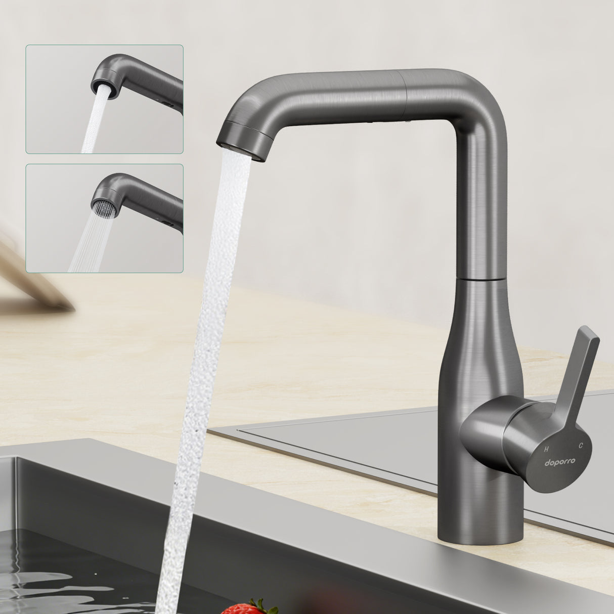 glasvilla Wasserhahn Küche Küchenarmatur mit Brause Ausziehbar, Küchenwasserhahn 360°Schwenkbar, Mischbatterie Spültischarmatur aus Edelstahl Turnix-04
