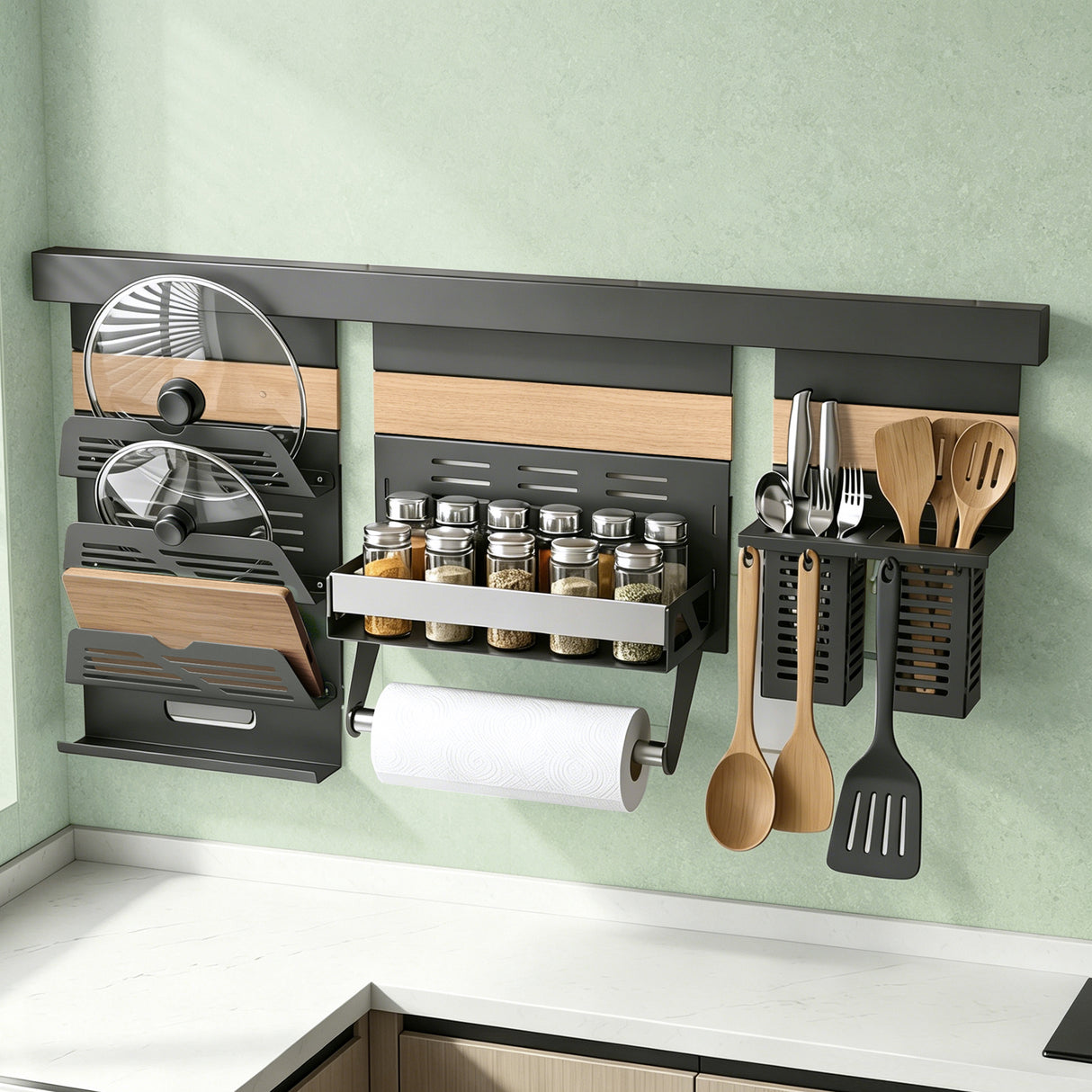 glasvilla Porta Spezie con Supporto per Cellulare o Porta Rotolo, Porta Coperchi a 3 Livelli e Porta Mestoli con 5 Ganci da Cucina, da Appendere con Guide, Reglo-09-12