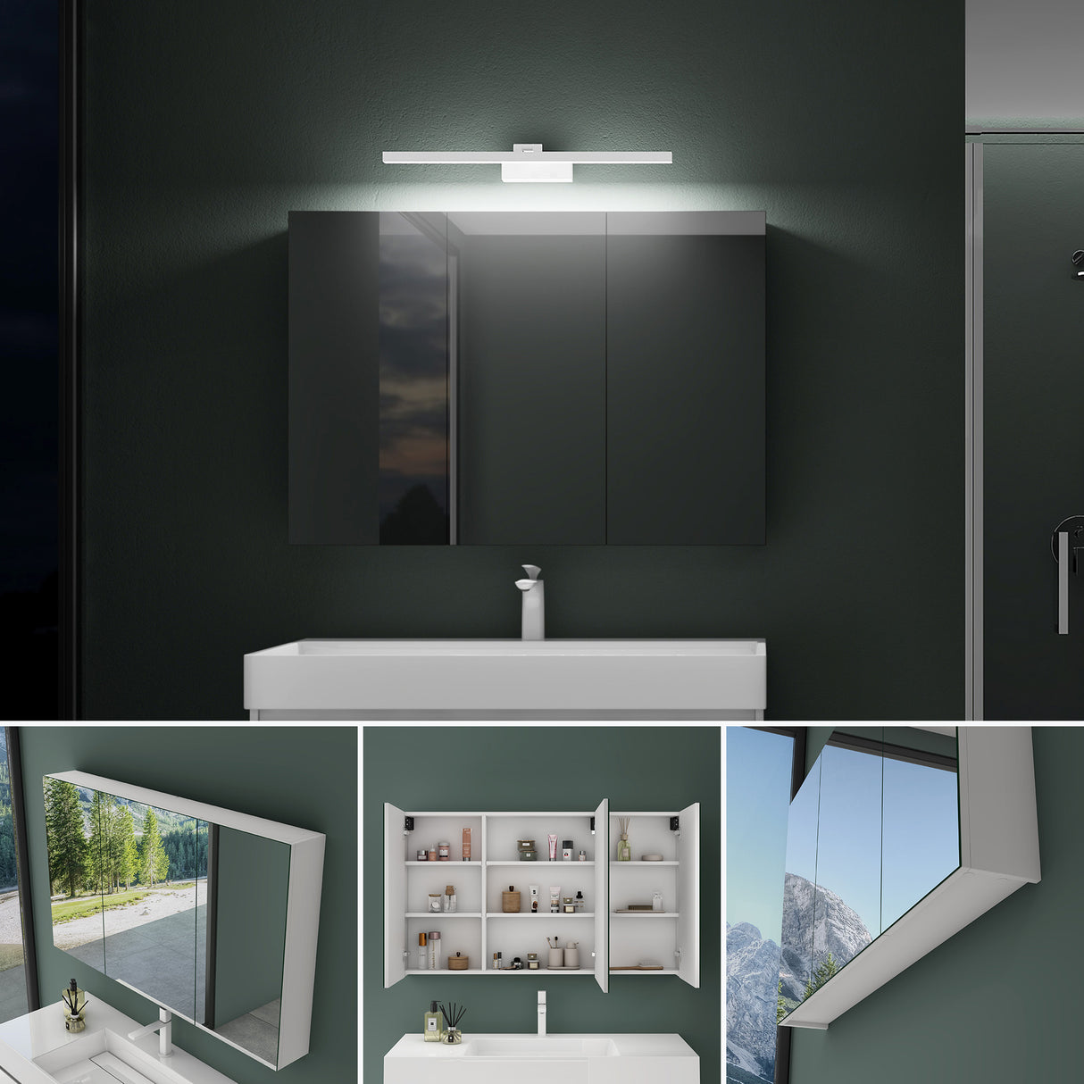 Armoire de toilette Glasvilla avec miroir et lampe intégrée, meuble de salle de bain, éclairage miroir, lampe de salle de bain LED rotative à 180°, d'une beauté rayonnante