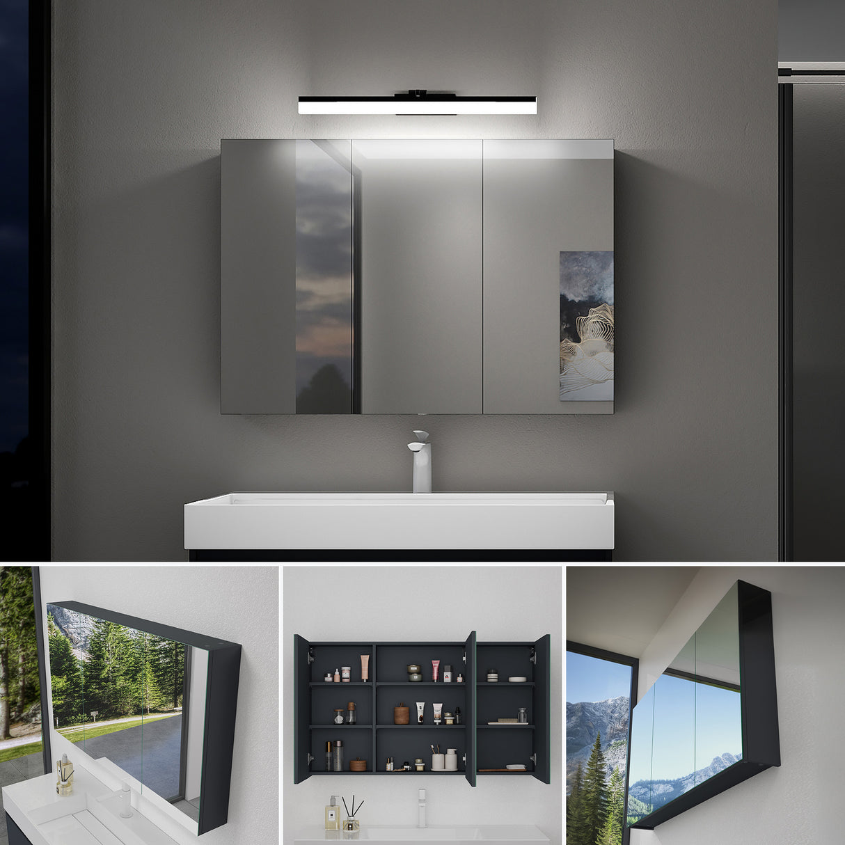 Meuble de salle de bain Glasvilla avec miroir et éclairage, meuble de salle de bain avec lampe miroir, éclairage miroir rotatif à 180°, lampe de salle de bain LED Luxaris