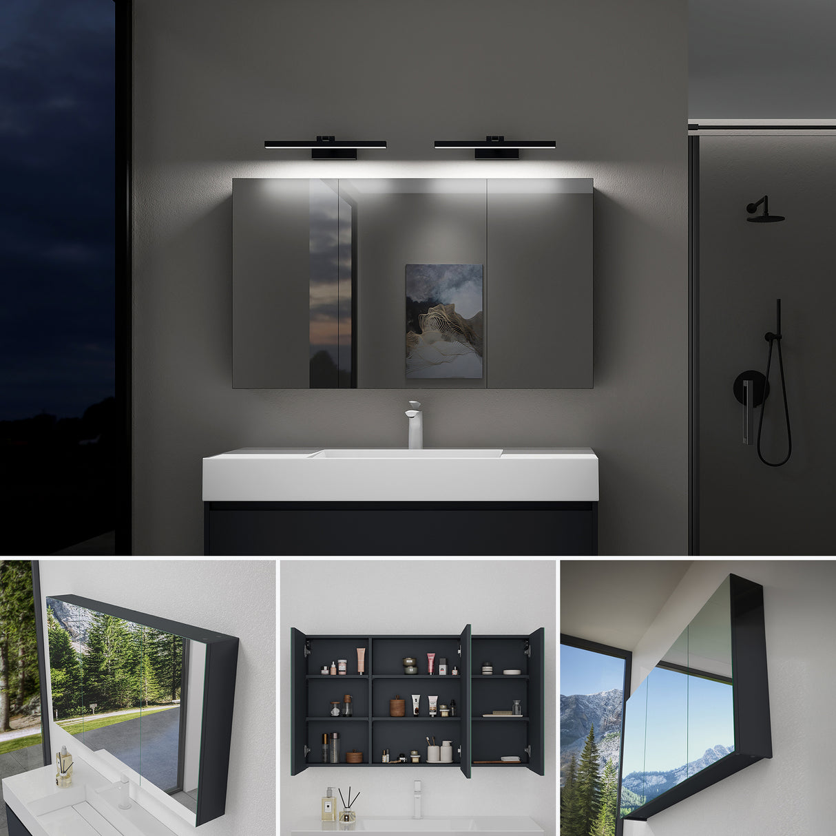 Armoire de toilette Glasvilla avec miroir et lampe intégrée, meuble de salle de bain, éclairage miroir, lampe de salle de bain LED rotative à 180°, d'une beauté rayonnante