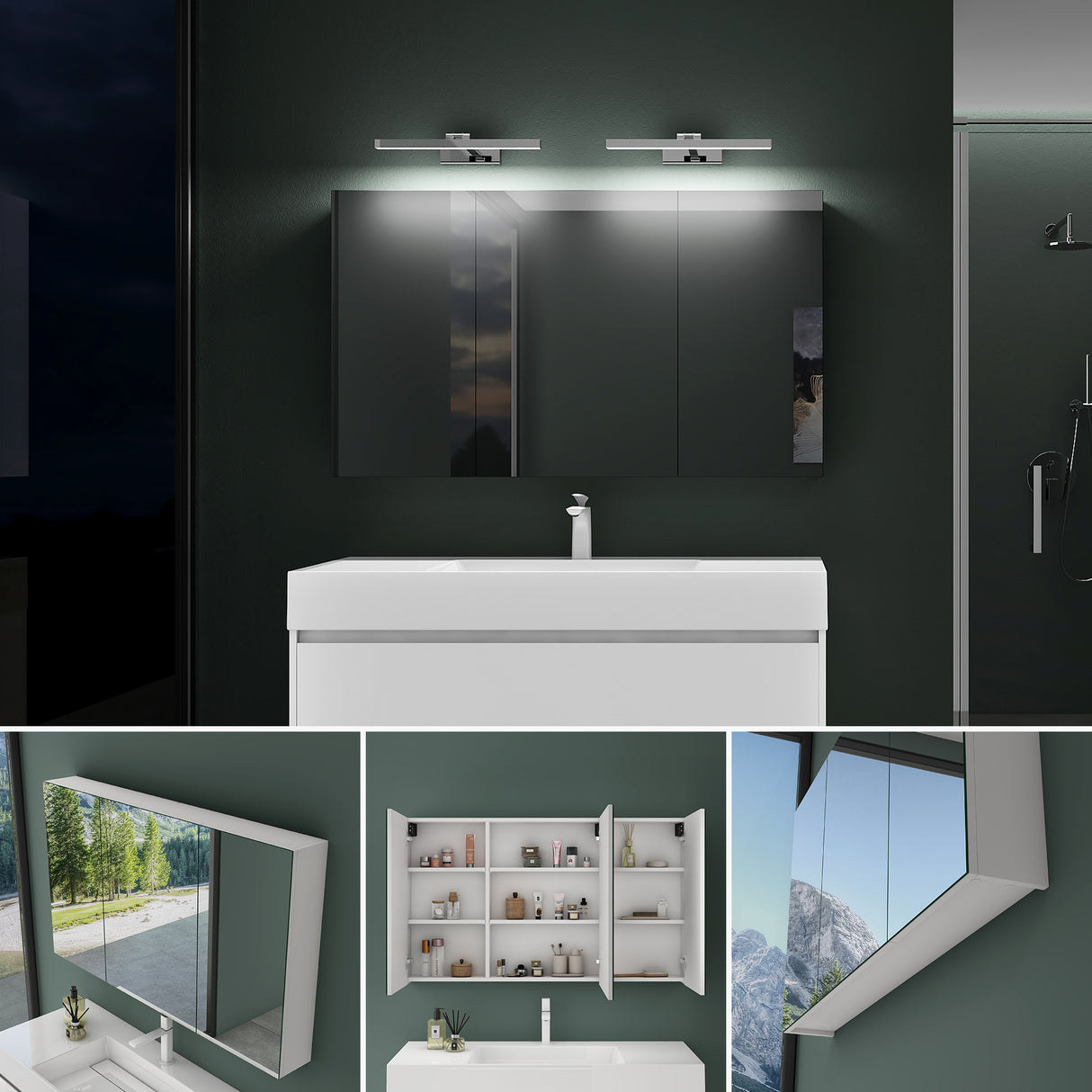 Armoire de toilette Glasvilla avec miroir et lampe intégrée, meuble de salle de bain, éclairage miroir, lampe de salle de bain LED rotative à 180°, d'une beauté rayonnante