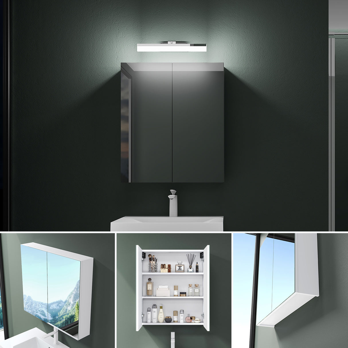 Meuble de salle de bain Glasvilla avec miroir et éclairage, meuble de salle de bain avec lampe miroir, éclairage miroir rotatif à 180°, lampe de salle de bain LED Luxaris