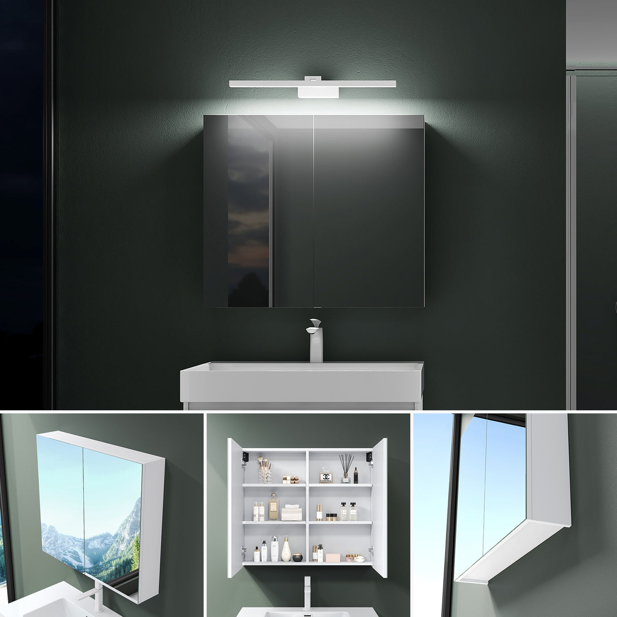 Armoire de toilette Glasvilla avec miroir et lampe intégrée, meuble de salle de bain, éclairage miroir, lampe de salle de bain LED rotative à 180°, d'une beauté rayonnante
