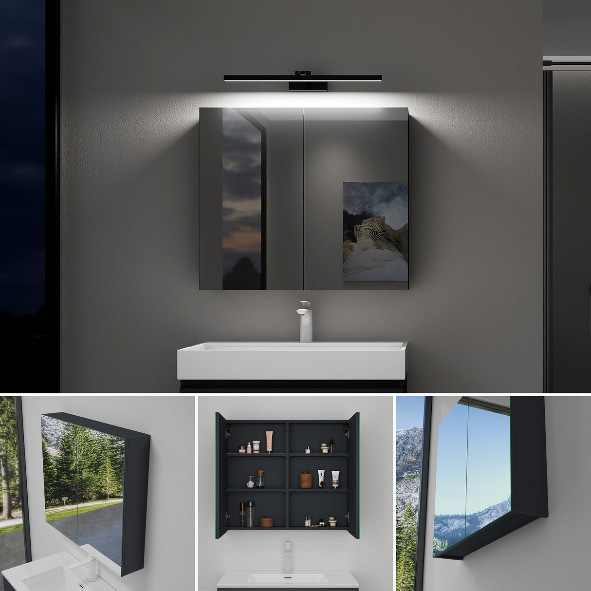 Armoire de toilette Glasvilla avec miroir et lampe intégrée, meuble de salle de bain, éclairage miroir, lampe de salle de bain LED rotative à 180°, d'une beauté rayonnante