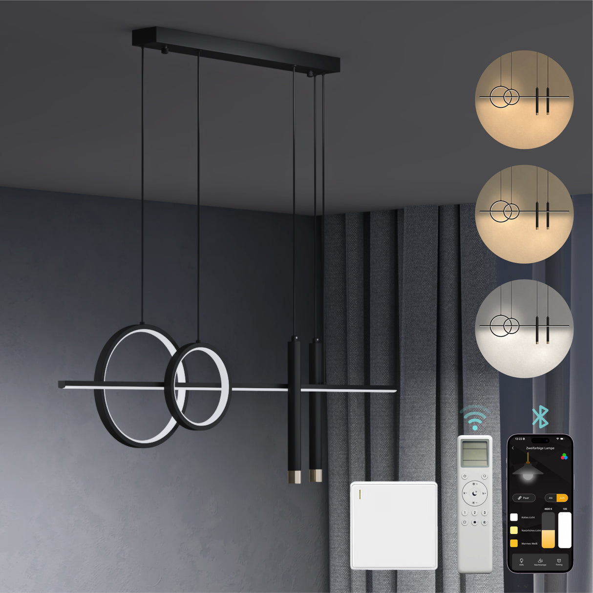 lampara colgante glasvilla 100cm LED diseño lineal 3000K/4000K/6000K cable ajustable 38W lámpara colgante para comedor sala de estar dormitorio