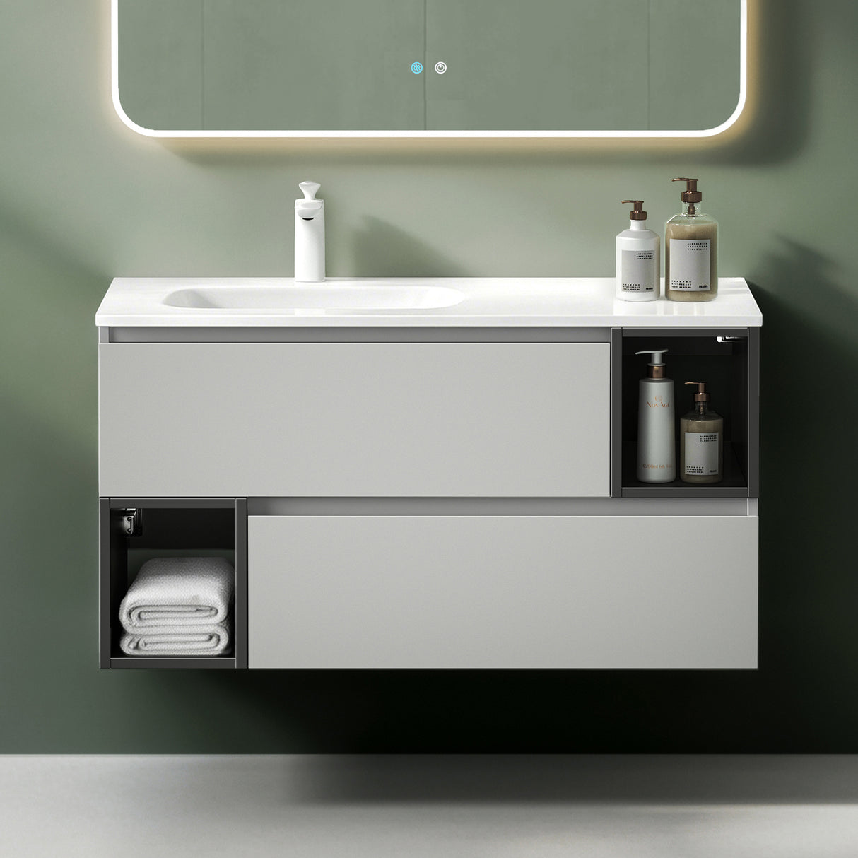 glasvilla Meubles de Salle de Bain | Armoire de Salle de Bain avec Miroir | Meuble Sous-Vasque en Solid Surface Gemini