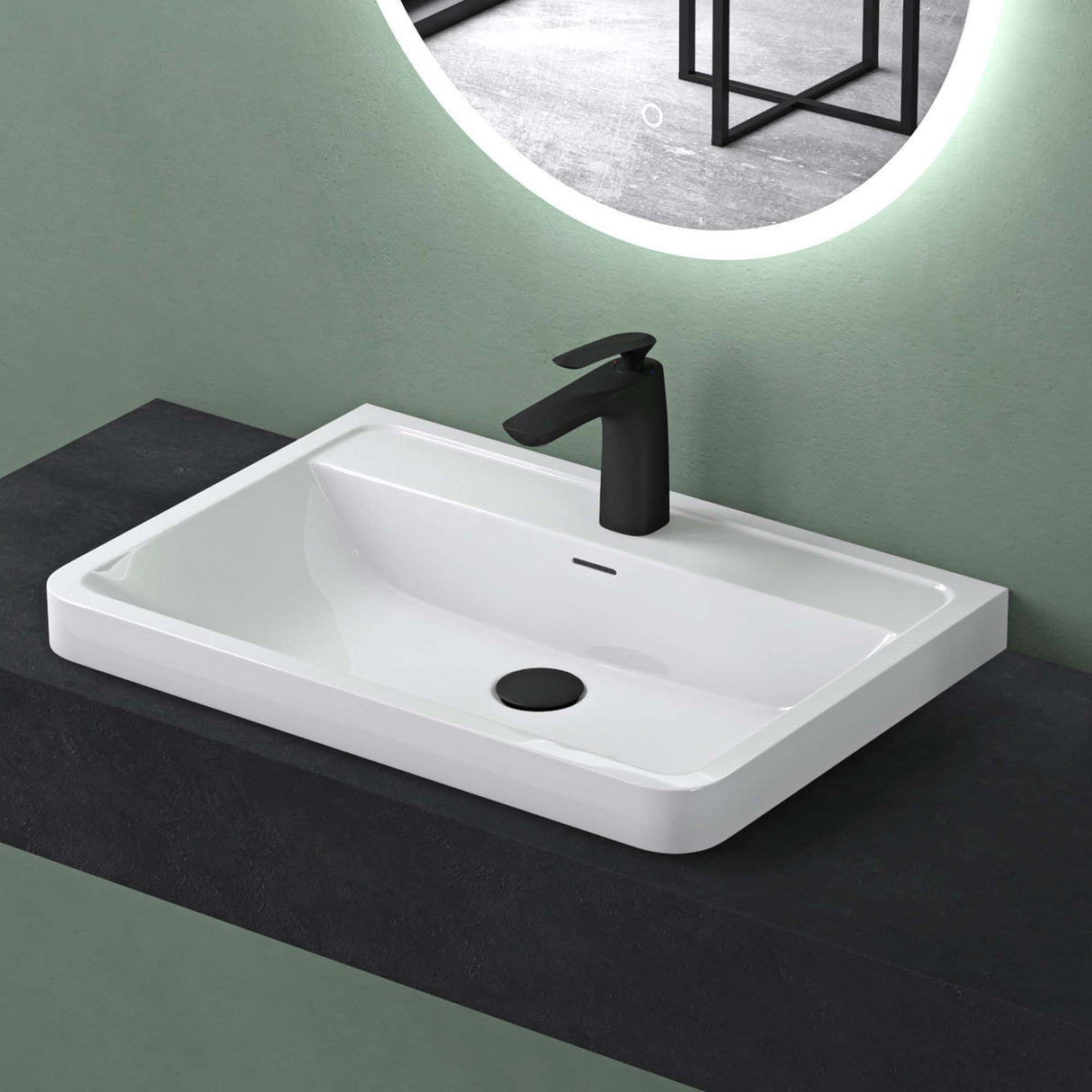 Lavabo Glasvilla, lavabo encastré, vasque rectangulaire en matériau minéral moulé avec trop-plein, Col8