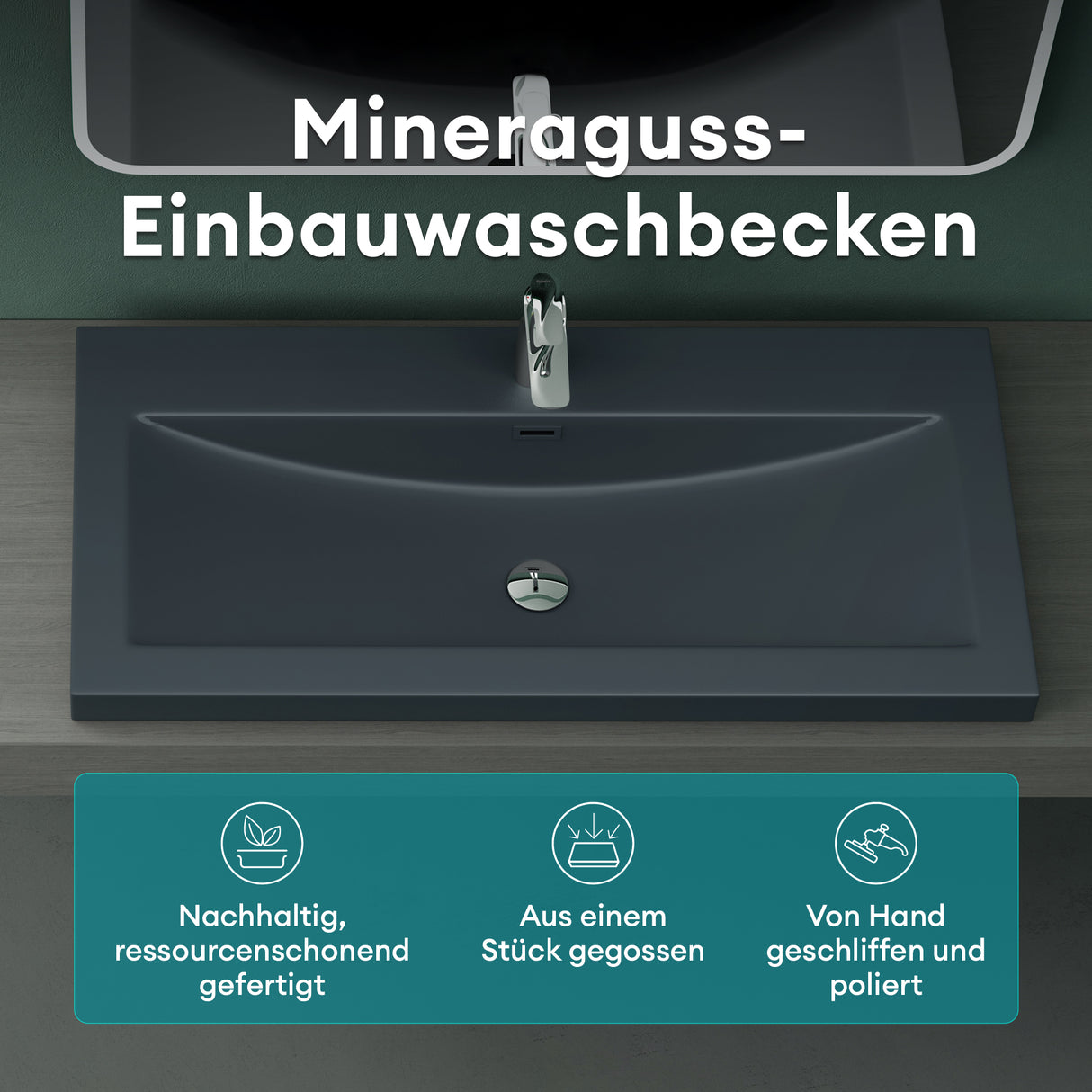 Lavabo Glasvilla, vasque encastrée, meuble-lavabo, en fonte minérale, rectangulaire, 1 trou de robinetterie, avec trop-plein, Col01