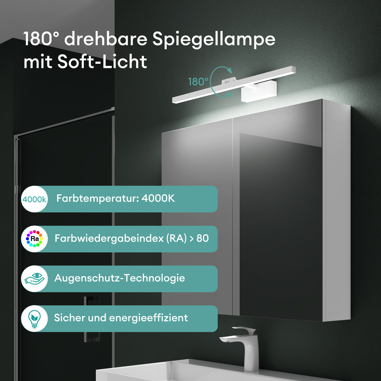 Armoire de toilette Glasvilla avec miroir et lampe intégrée, meuble de salle de bain, éclairage miroir, lampe de salle de bain LED rotative à 180°, d'une beauté rayonnante