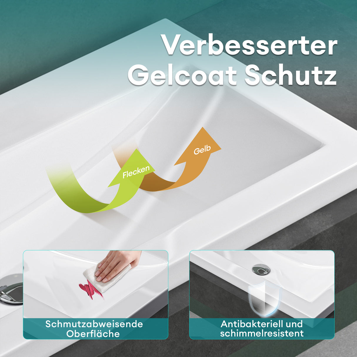 Lavabo Glasvilla, vasque encastrée, meuble-lavabo, en fonte minérale, rectangulaire, 1 trou de robinetterie, avec trop-plein, Col01