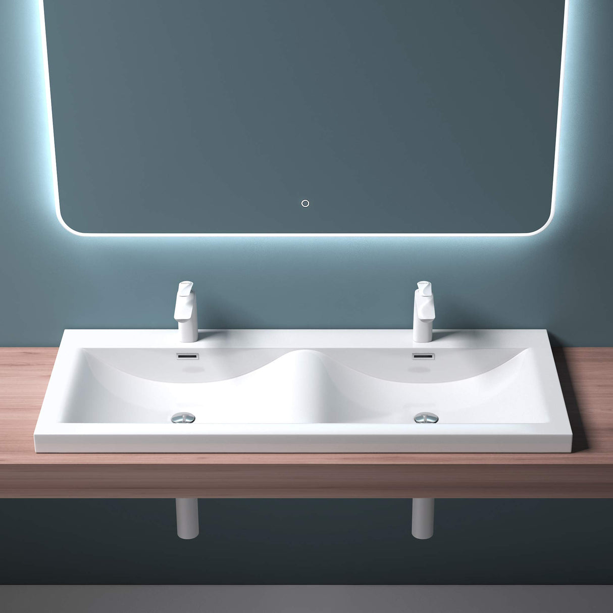 Lavabo Glasvilla, vasque encastrée, meuble sous-vasque, 2 vasques, en fonte minérale, rectangulaire, 2 trous de robinetterie, avec trop-plein, Col03