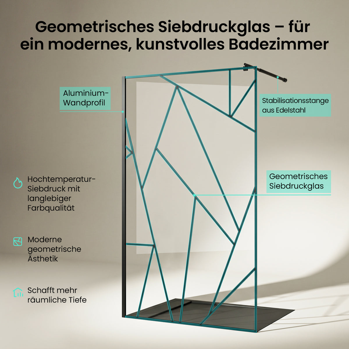 glasvilla Duschwand für Dusche Duschabtrennung Walk-In Dusche Duschtrennwand Schwarz 8mm ESG-Sicherheitsglas NANO Klarglas mit geometrischem Design MMBR3 Bremen01Plus-GM