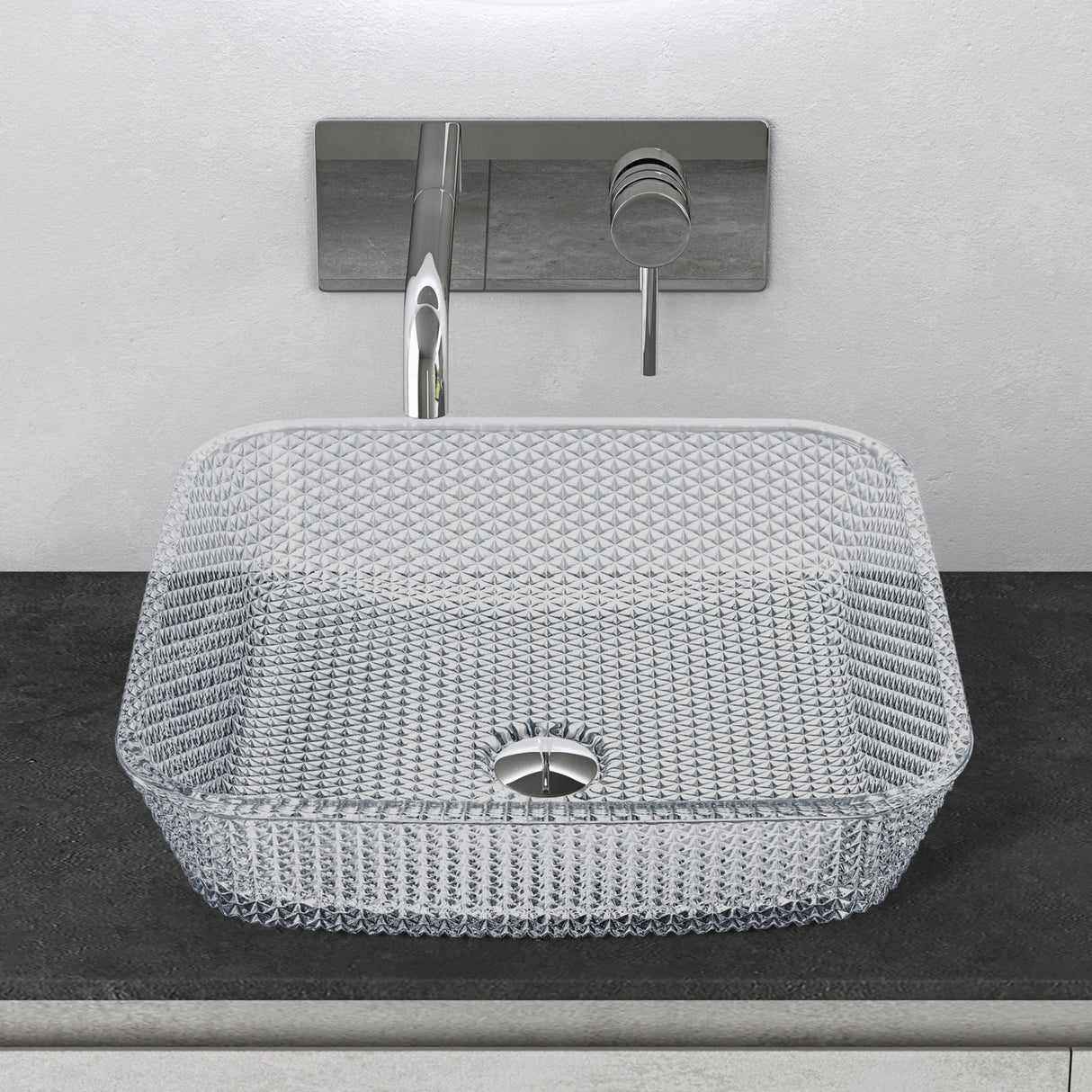 Lavabo en verre à poser Glasvilla, vasque rectangulaire, dimensions L x P x H : 40 x 40 x 11 cm (Minerva03)
