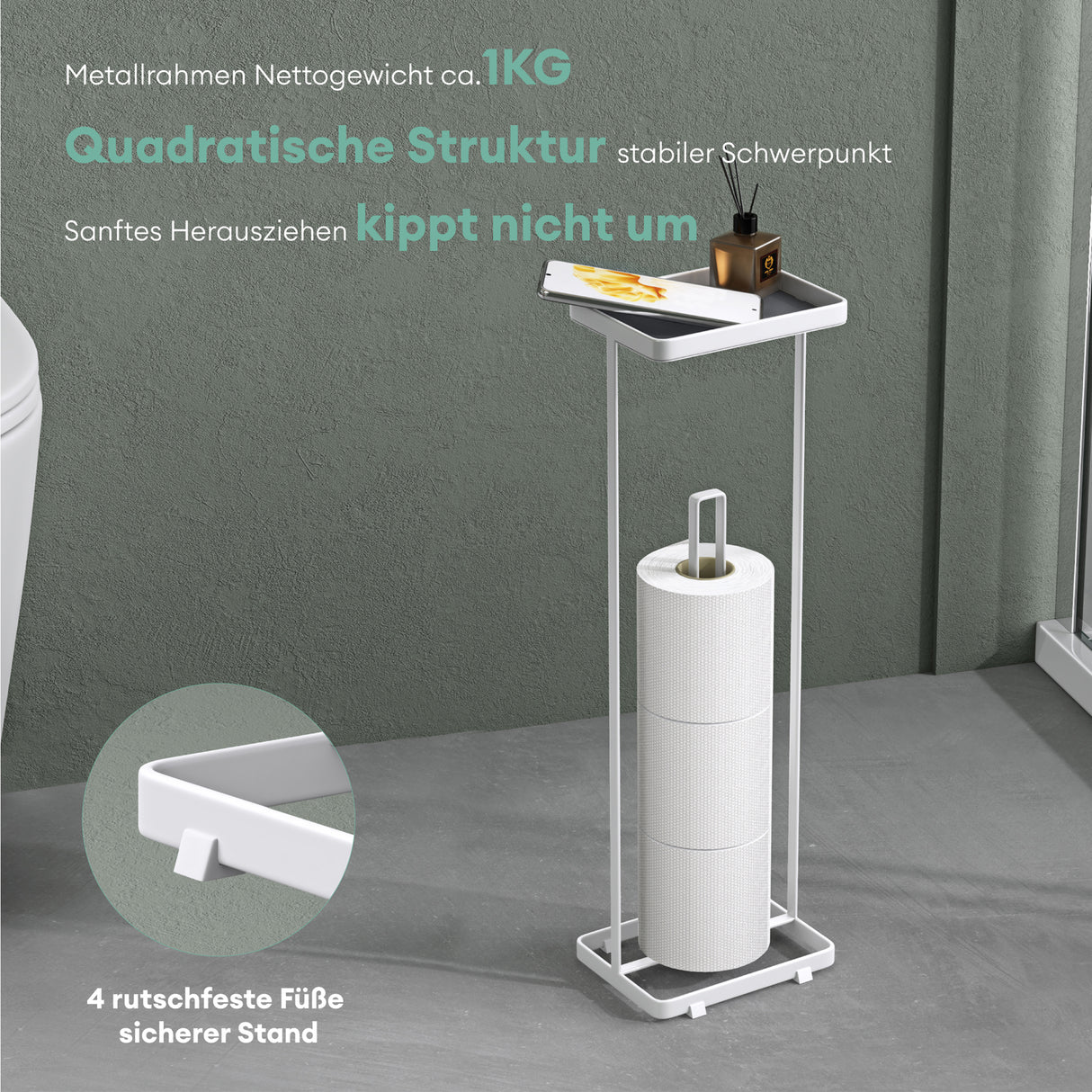 glasvilla Toilettenpapierhalter stehend mit Ablage Klorollenhalter Klopapierhalter freistehend WC Rollenhalter Toilettenständer 16x12x52cm Reglo-04