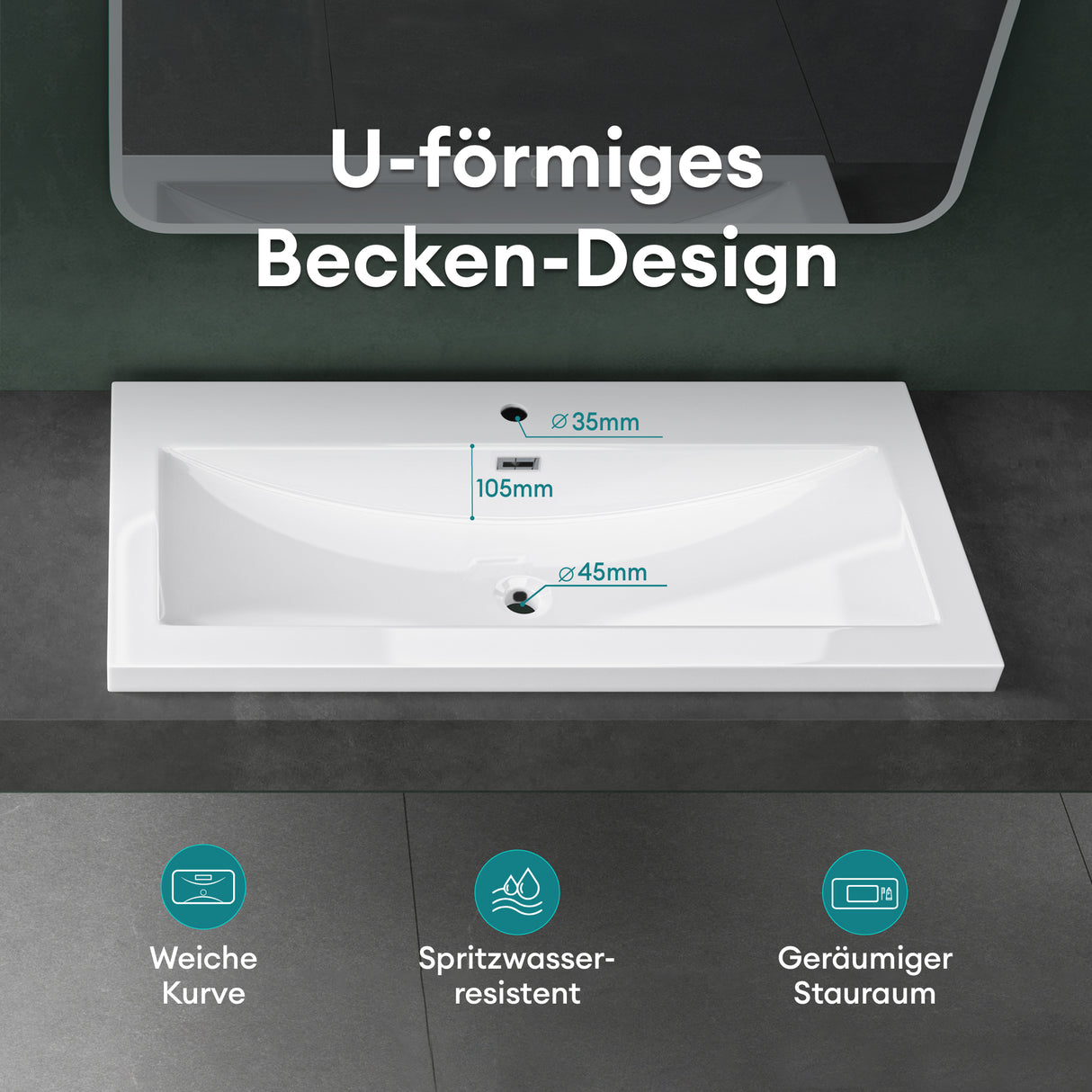 Lavabo Glasvilla, vasque encastrée, meuble-lavabo, en fonte minérale, rectangulaire, 1 trou de robinetterie, avec trop-plein, Col01