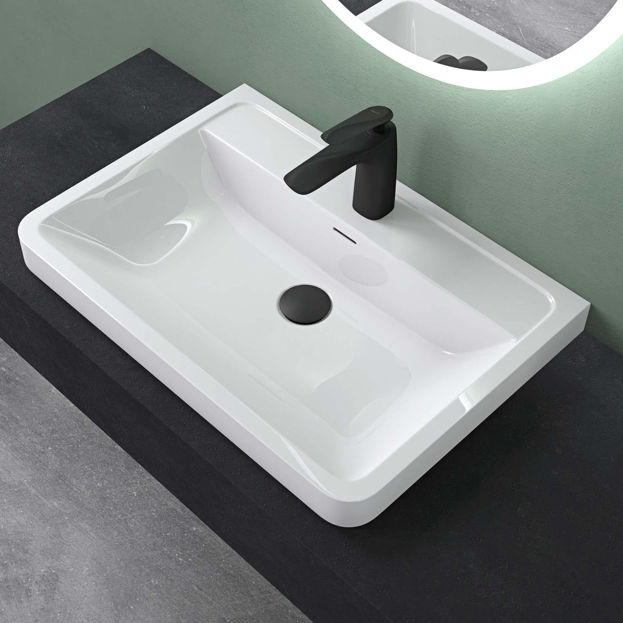 Lavabo Glasvilla, lavabo encastré, vasque rectangulaire en matériau minéral moulé avec trop-plein, Col8
