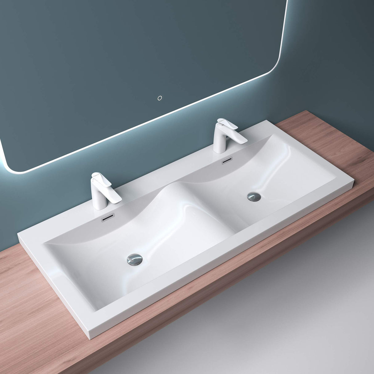 Lavabo Glasvilla, vasque encastrée, meuble sous-vasque, 2 vasques, en fonte minérale, rectangulaire, 2 trous de robinetterie, avec trop-plein, Col03