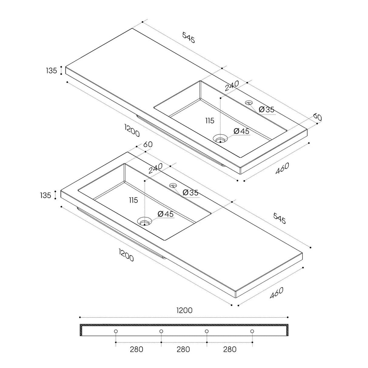 Lavabo Glasvilla, lavabo encastré, vasque à droite, L x P x H : 120 x 46 x 13,5 cm, lavabo design en résine minérale moulée blanche, Colossum820