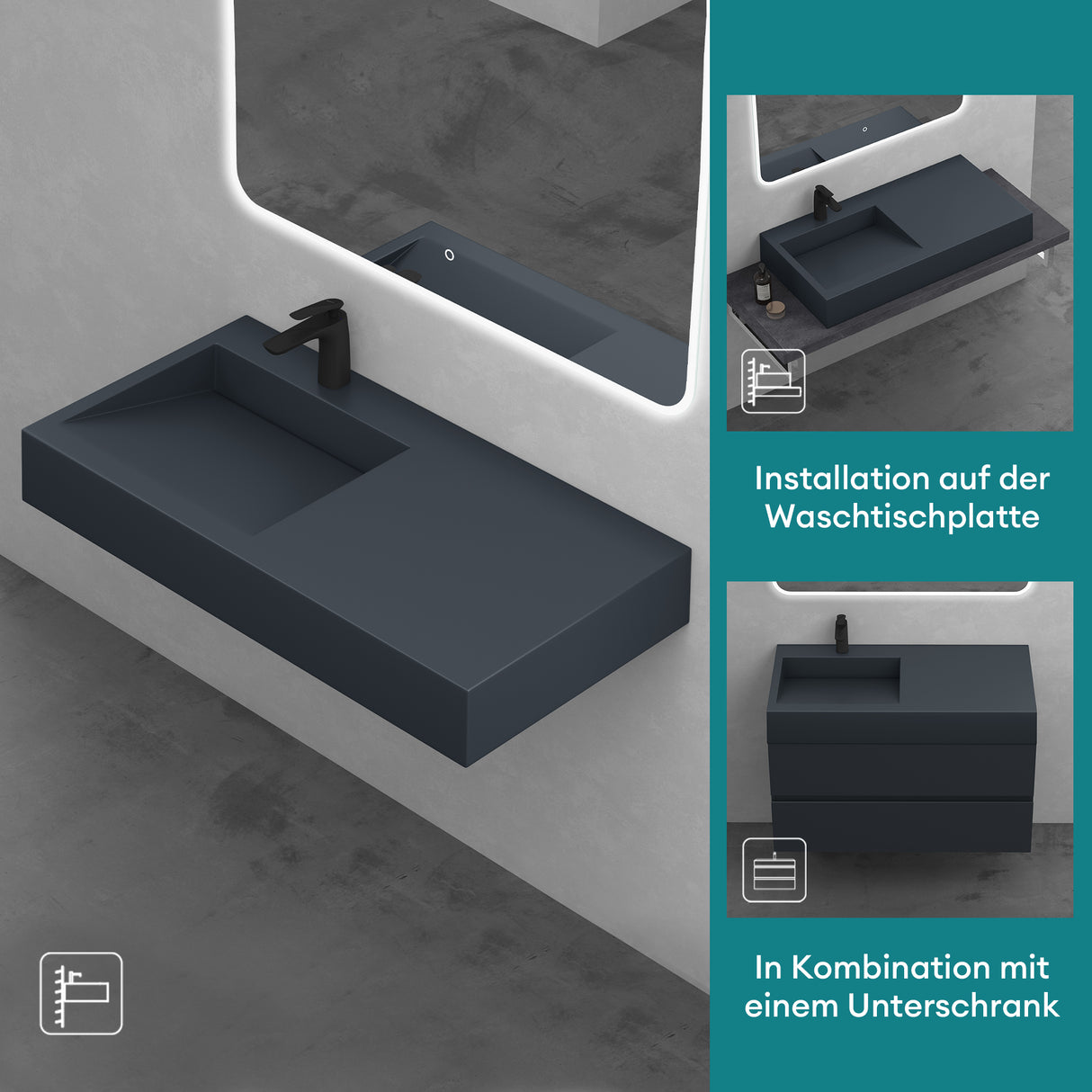 glasvilla Lavabo da Appoggio da Marmo Fuso Lavabo Bagno Sospeso Lavandino Bagno Rettangolare Col11