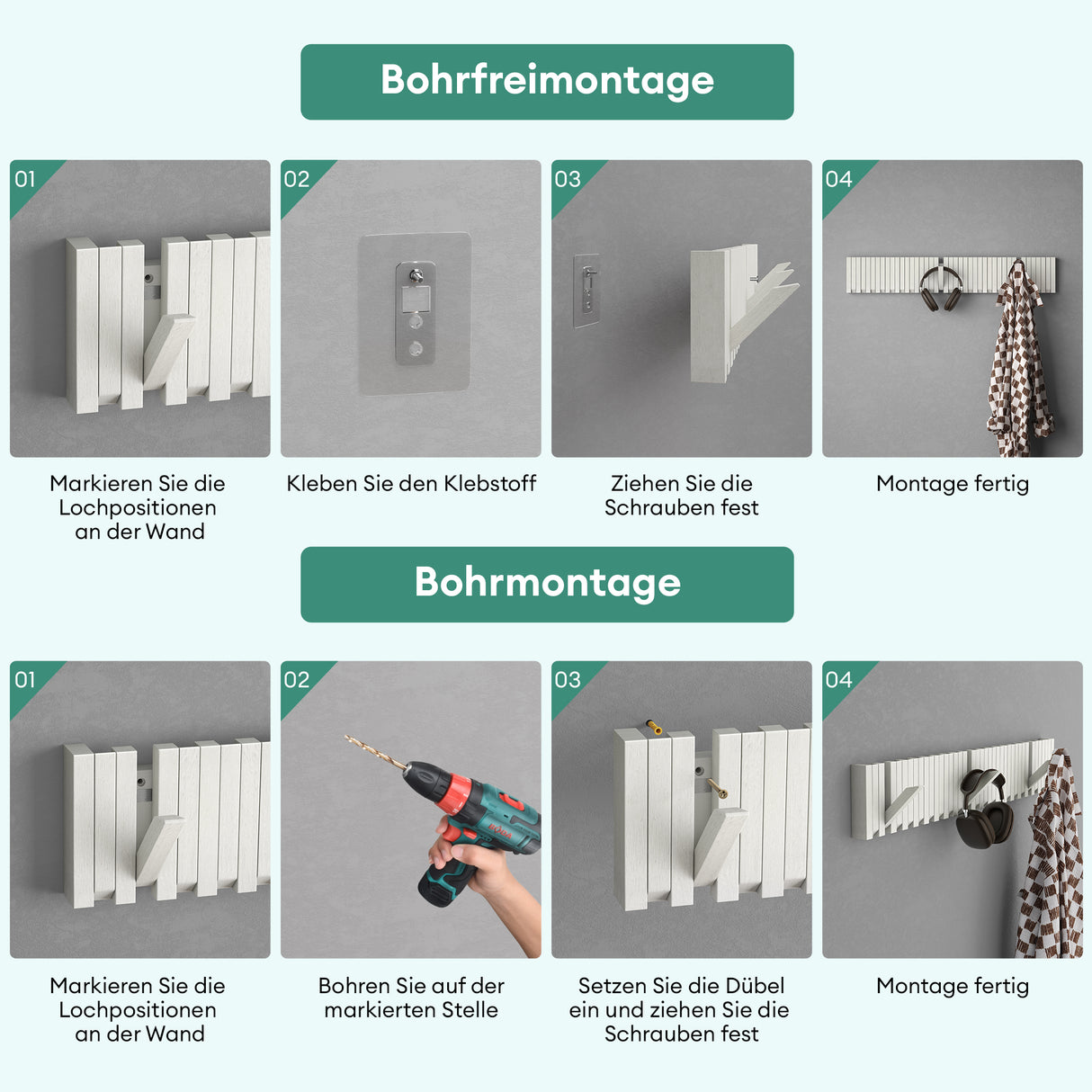 glasvilla Kleiderhaken Wandgarderobe Wandhaken aus Holz Garderobe mit 7 magnetischen Klapphaken Garderobenleiste Garderobenhaken Twigro-01