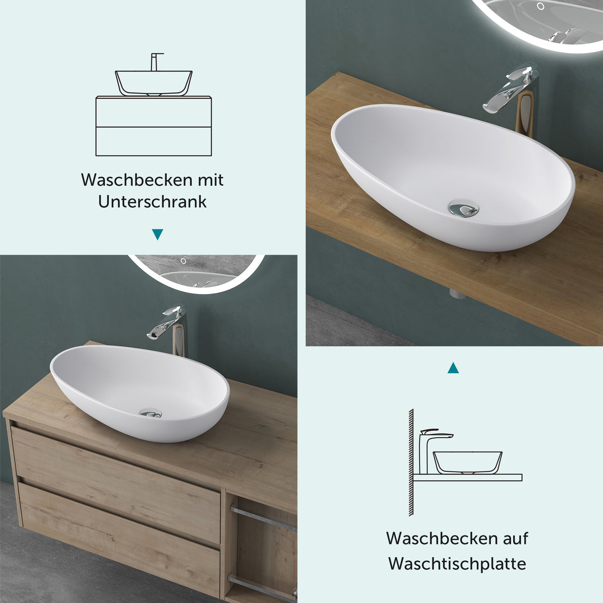 Vasque ovale à poser Glasvilla sans trou de robinetterie ni trop-plein Col809