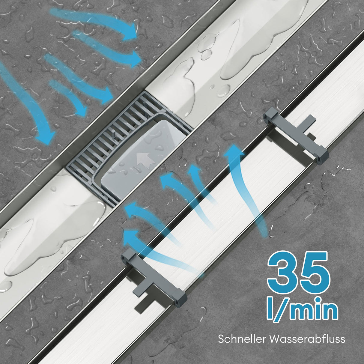 Bonde de douche Glasvilla en acier inoxydable | Kit de siphon complet pour salle de bain | Carrelable, débit de 35 l/min | Filtre à cheveux KE110