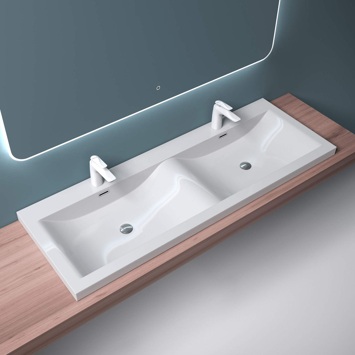 Lavabo Glasvilla, vasque encastrée, meuble sous-vasque, 2 vasques, en fonte minérale, rectangulaire, 2 trous de robinetterie, avec trop-plein, Col03