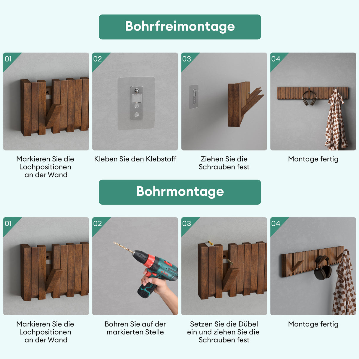 glasvilla Kleiderhaken Wandgarderobe Wandhaken aus Holz Garderobe mit 7 magnetischen Klapphaken Garderobenleiste Garderobenhaken Twigro-01