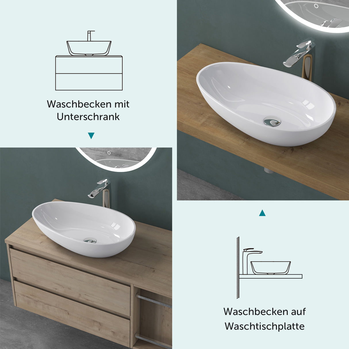 Vasque ovale à poser Glasvilla sans trou de robinetterie ni trop-plein Col809