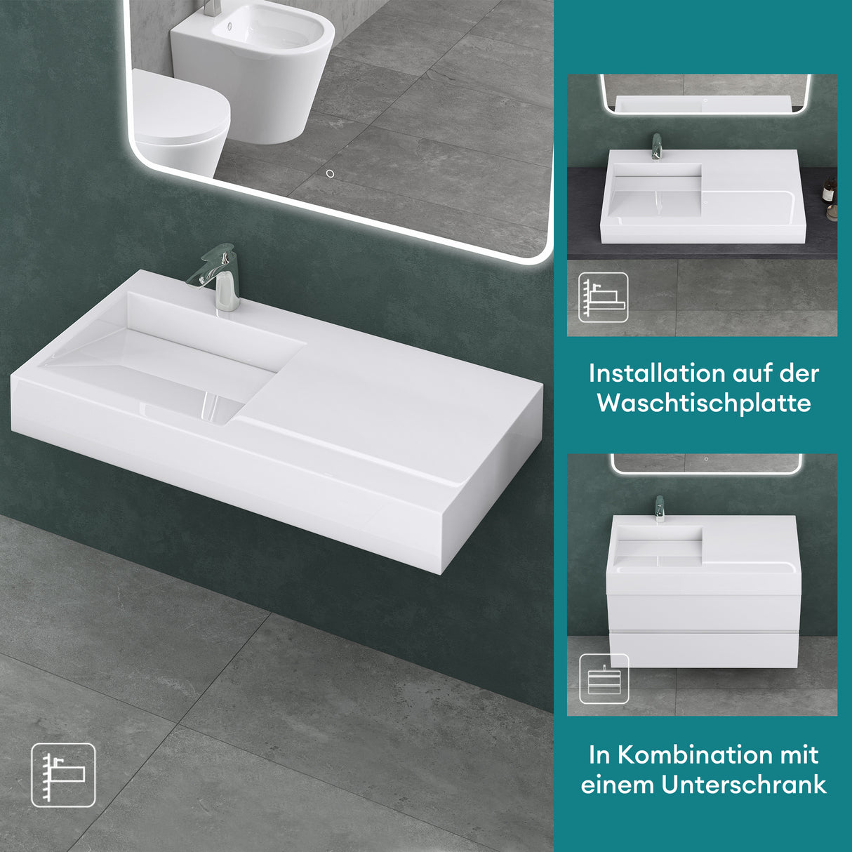 glasvilla Lavabo da Appoggio da Marmo Fuso Lavabo Bagno Sospeso Lavandino Bagno Rettangolare Col11