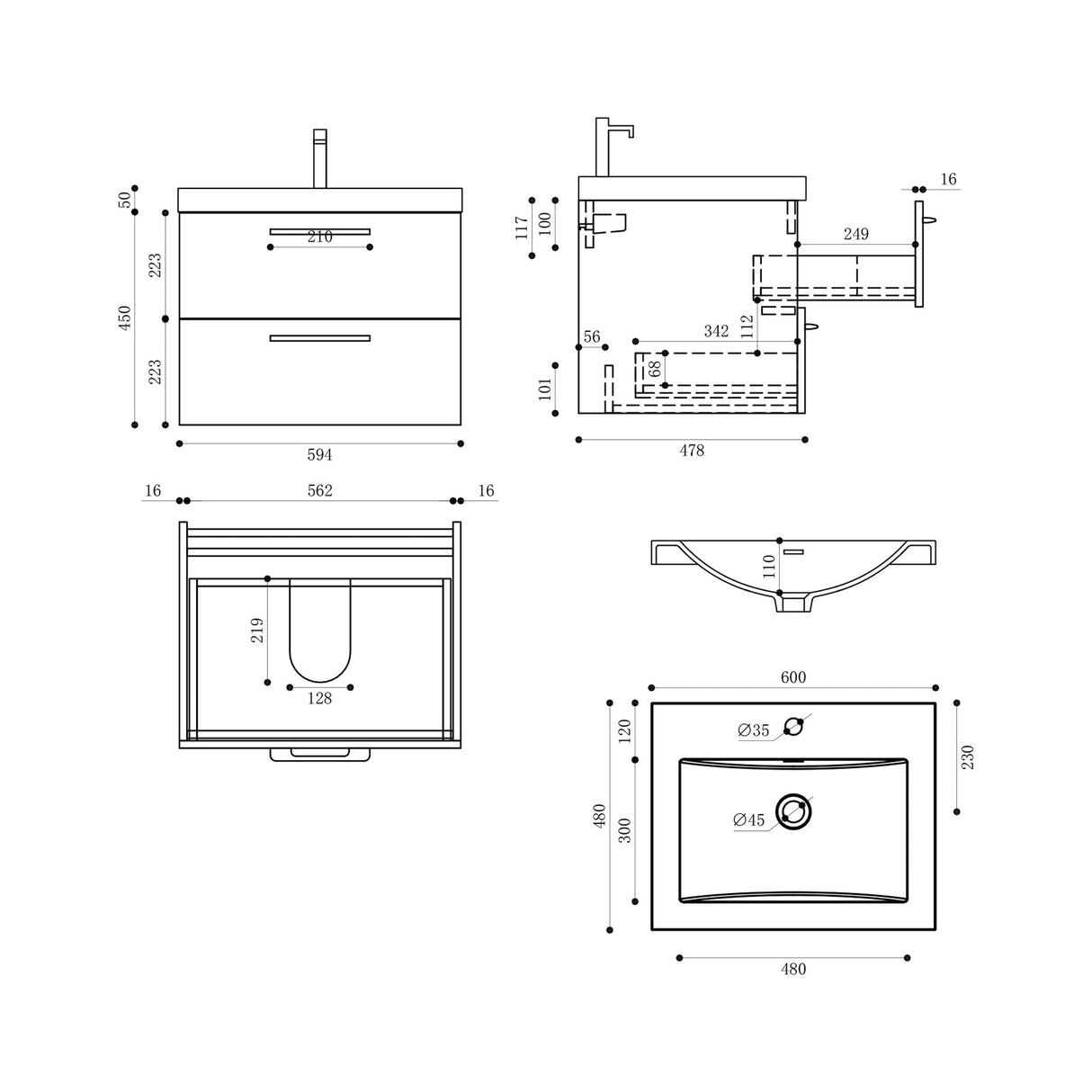 glasvilla Meuble de Salle de Bain 2 Pièces Lavabo et Meuble Bas Prêts à Monter Bavaria