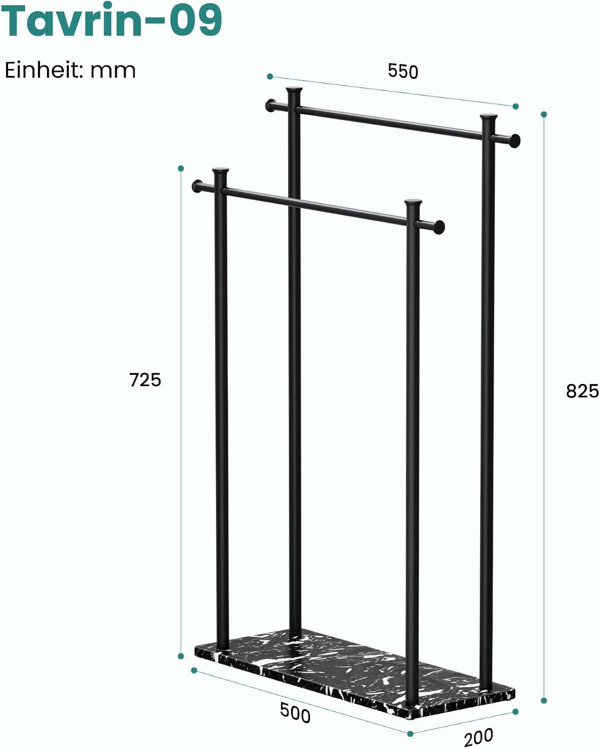glasvilla Handtuchständer freistehend mit 2 Stangen, Handtuchhalter stehend Handtuchhalter ohne Bohren 55 × 20 × 82,5 , Edelstahl, Mineralstein-Sockel mit Ablage, Tavrin-09