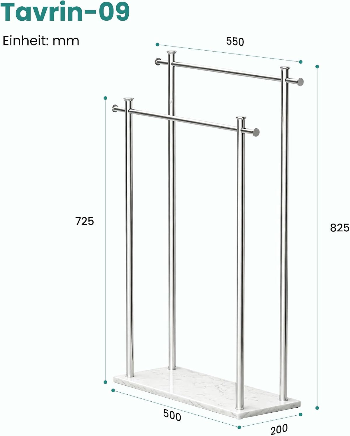 glasvilla Handtuchständer freistehend mit 2 Stangen, Handtuchhalter stehend Handtuchhalter ohne Bohren 55 × 20 × 82,5 , Edelstahl, Mineralstein-Sockel mit Ablage, Tavrin-09