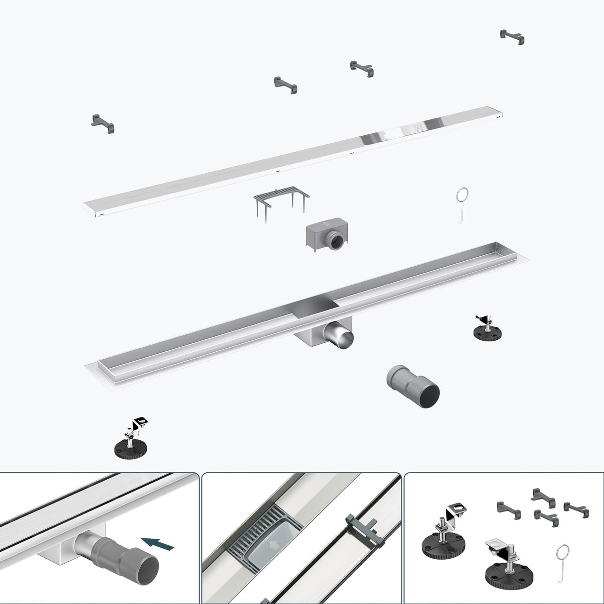 Bonde de douche Glasvilla en acier inoxydable | Kit de siphon complet pour salle de bain | Carrelable, débit de 35 l/min | Filtre à cheveux KE110