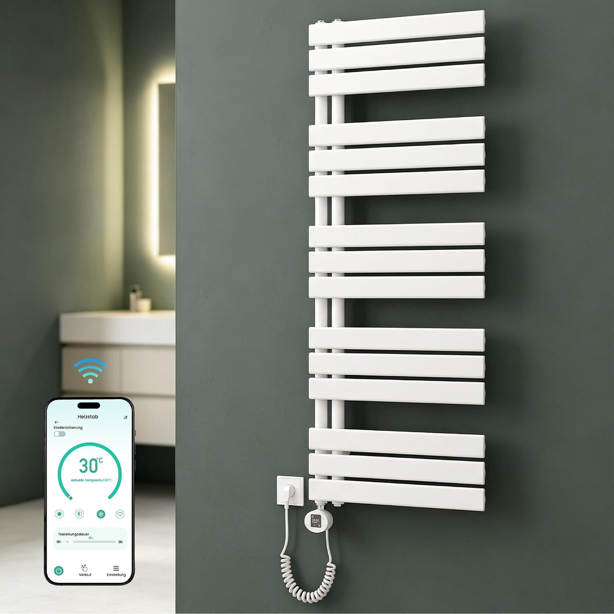 glasvilla Badheizkörper,mit Heizstab Badheizung,Handtuchheizkörper mit Seitenanschluss, Handtuchwärmer mit Heizstab 600W/900W, App-Steuerung, Thermostat und Timerfunktion,FN con Heizstab-03