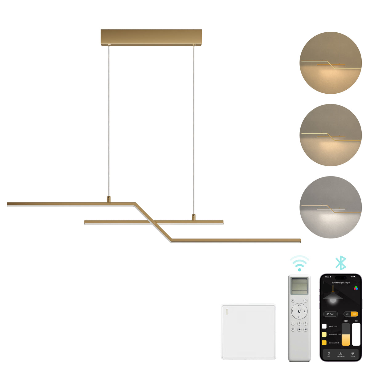 Glasvilla Design – Lámpara colgante LED lineal 105 cm, 3 temperaturas de color 3000K–6000K (18W)