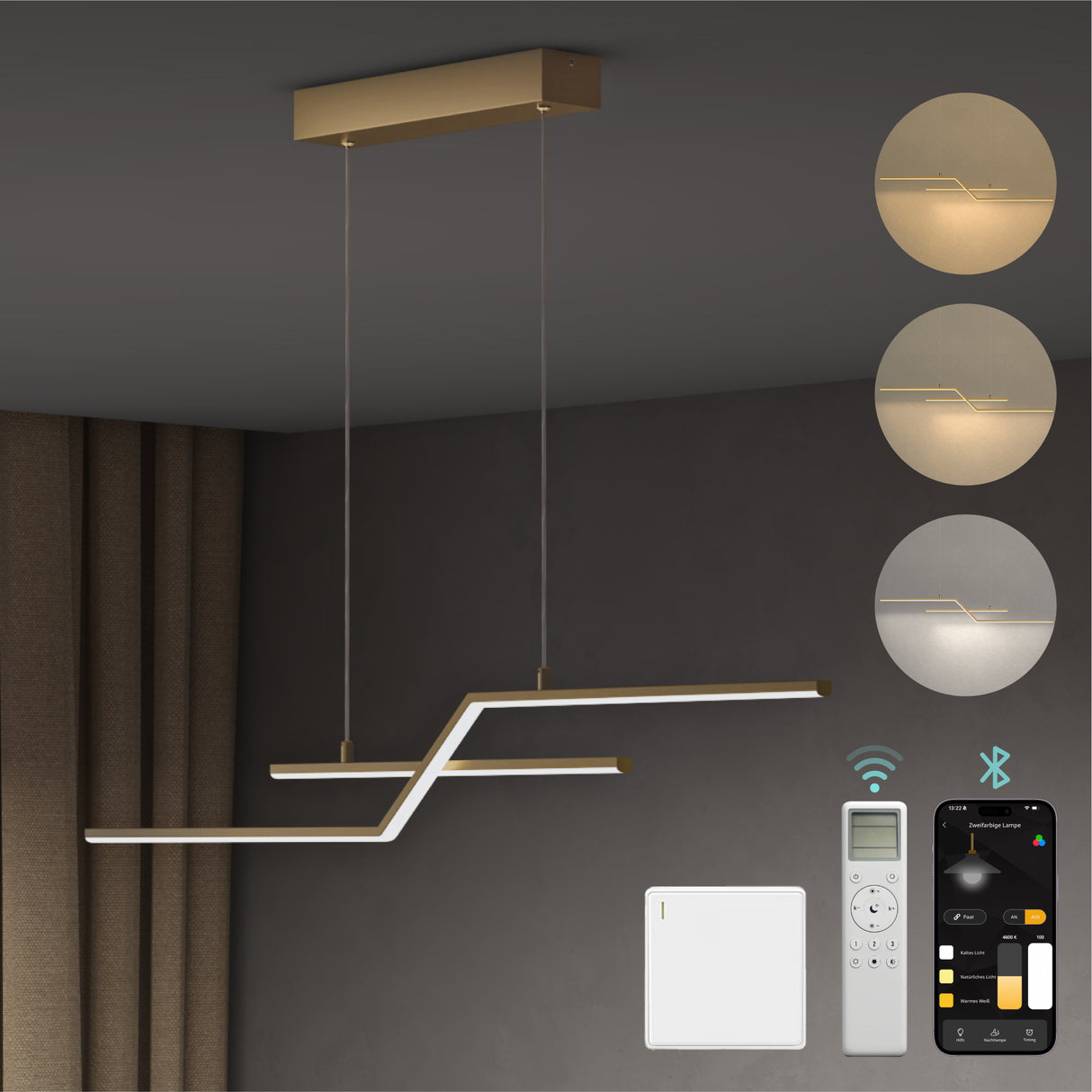 Glasvilla Design – Lámpara colgante LED lineal 105 cm, 3 temperaturas de color 3000K–6000K (18W)
