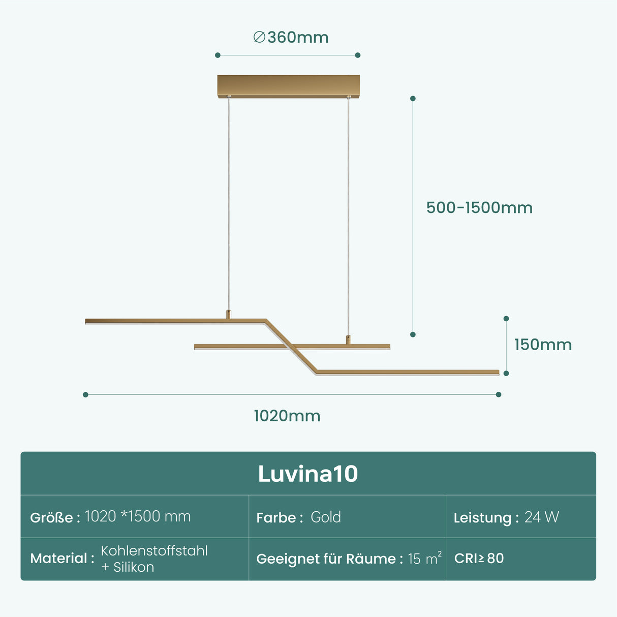 Glasvilla Design – Lámpara colgante LED lineal 105 cm, 3 temperaturas de color 3000K–6000K (18W)