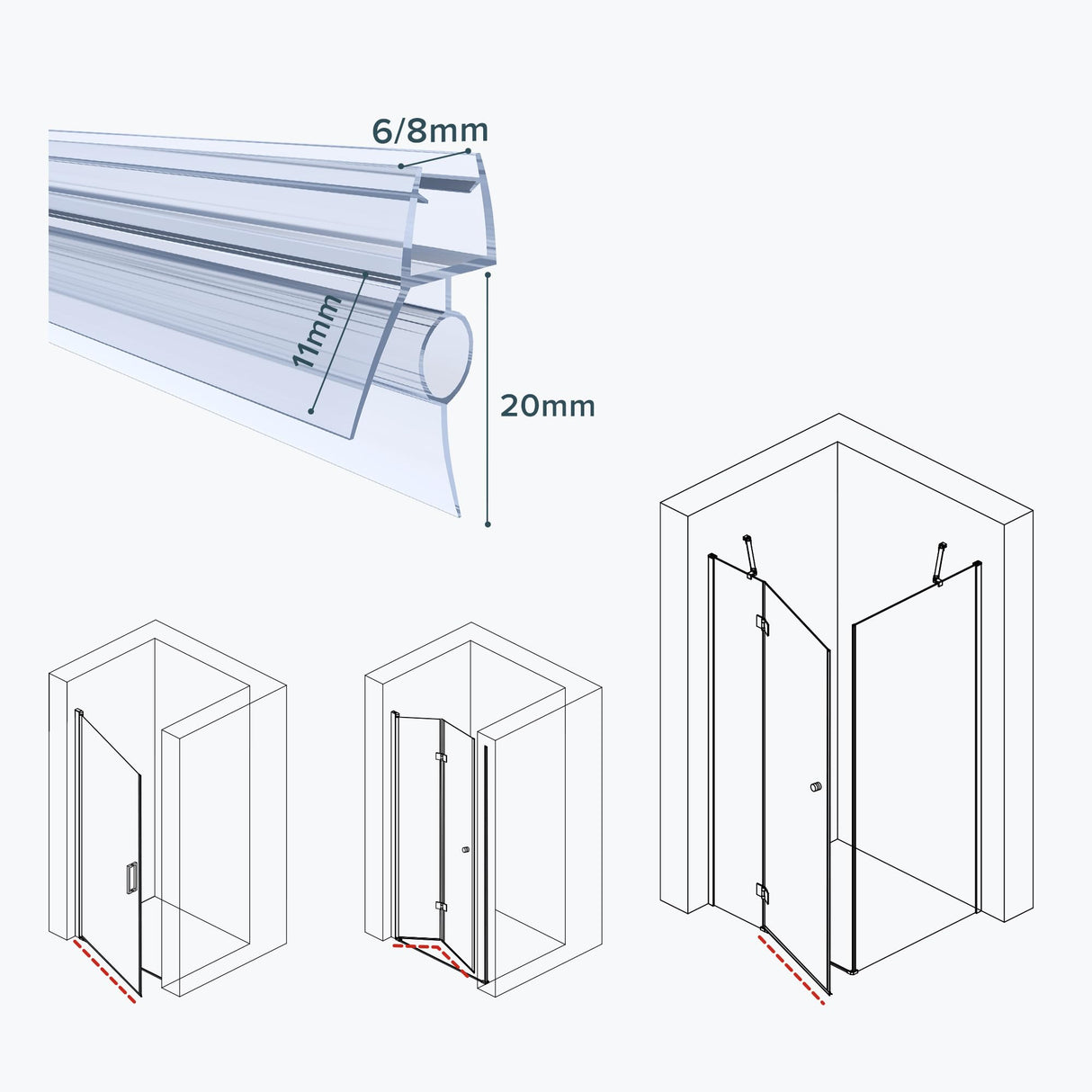 Joint de douche en PVC Glasvilla | Joint de porte de douche pour verre de 6 à 8 mm d'épaisseur | Joint de remplacement pour portes et parois de douche