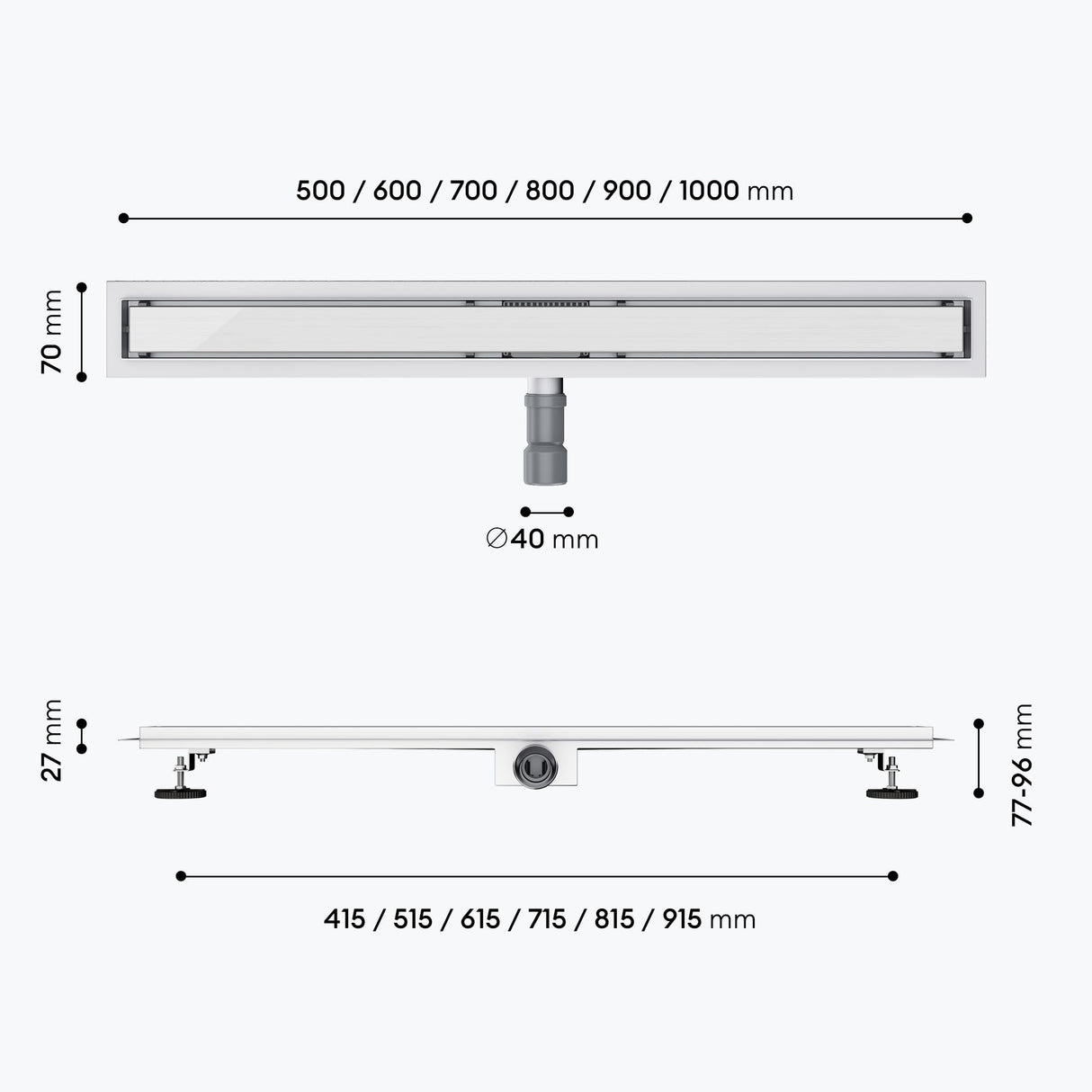 Bonde de douche Glasvilla en acier inoxydable | Kit de siphon complet pour salle de bain | Carrelable, débit de 35 l/min | Filtre à cheveux KE110
