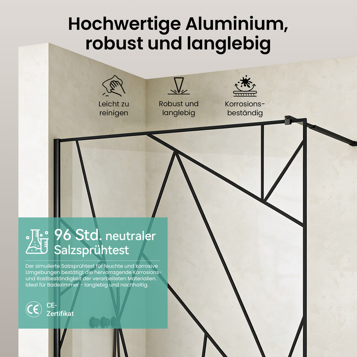glasvilla Duschwand für Dusche Duschabtrennung Walk-In Dusche Duschtrennwand Schwarz 8mm ESG-Sicherheitsglas NANO Klarglas mit geometrischem Design MMBR3 Bremen01Plus-GM