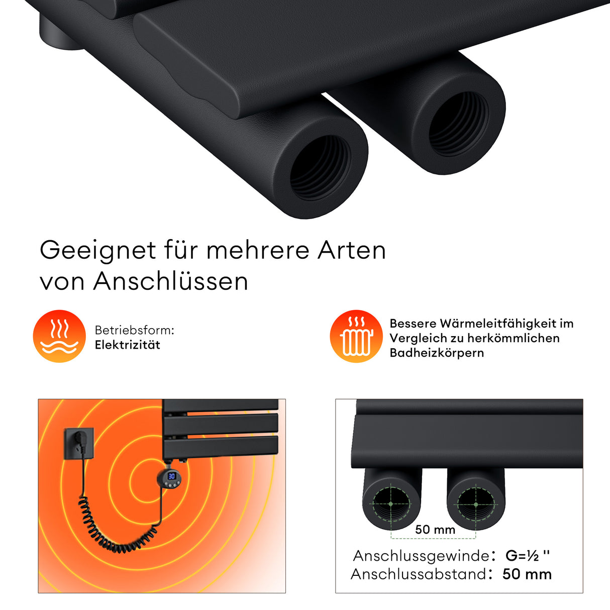 glasvilla Badheizkörper Elektrisch Seitenanschluss Handtuchheizkörper Handtuchhalter Handtuchwärmer Badheizung FN mit Heizstab 02