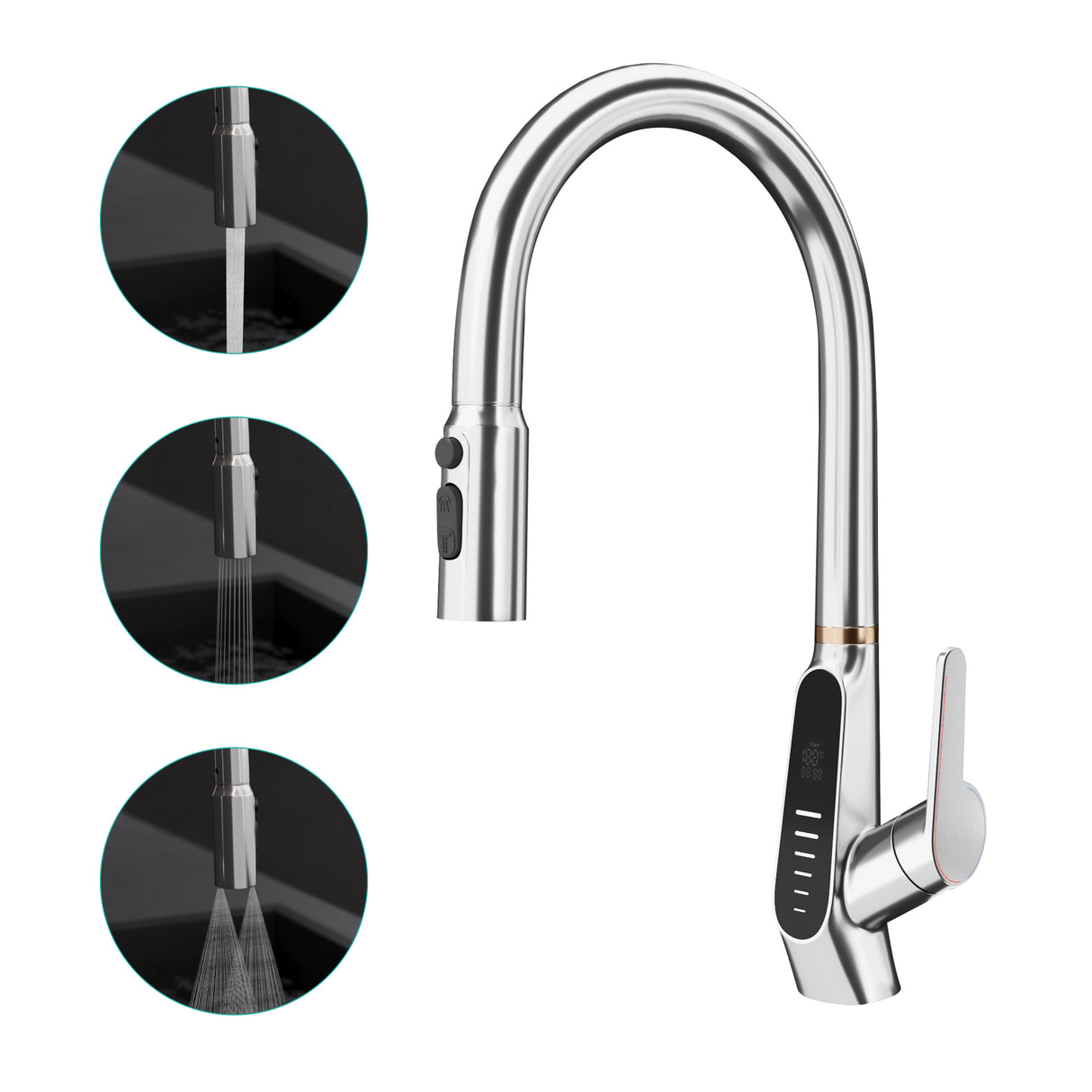 glasvilla Rubinetto da Cucina Estraibile con 3 Modalità e di Getto e Display digitale a LED Rubinetto per Lavello con Tubi e Accesorri Ruotabile a 360° MS-8085